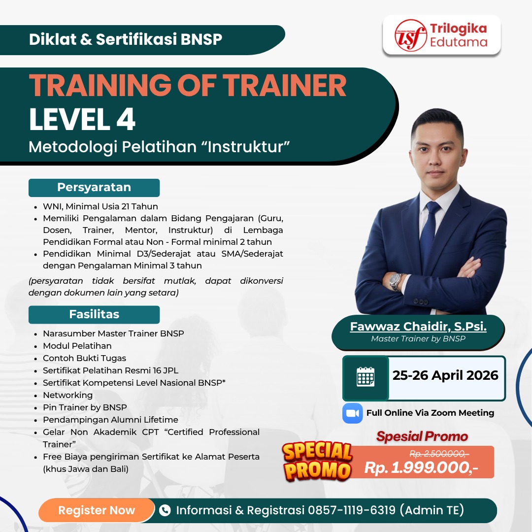 DIKLAT DAN SERTIFIKASI TRAINING OF TRAINER BNSP LEVEL 4 "INSTRUKTUR" APRIL 2026